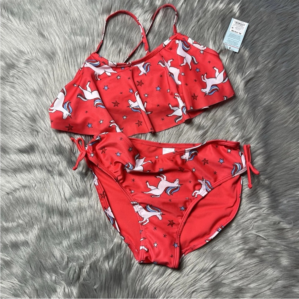 Target Cat & Jack Red Unicorn Star Print 2 Piece Bikini Girls Swimsuit XL
